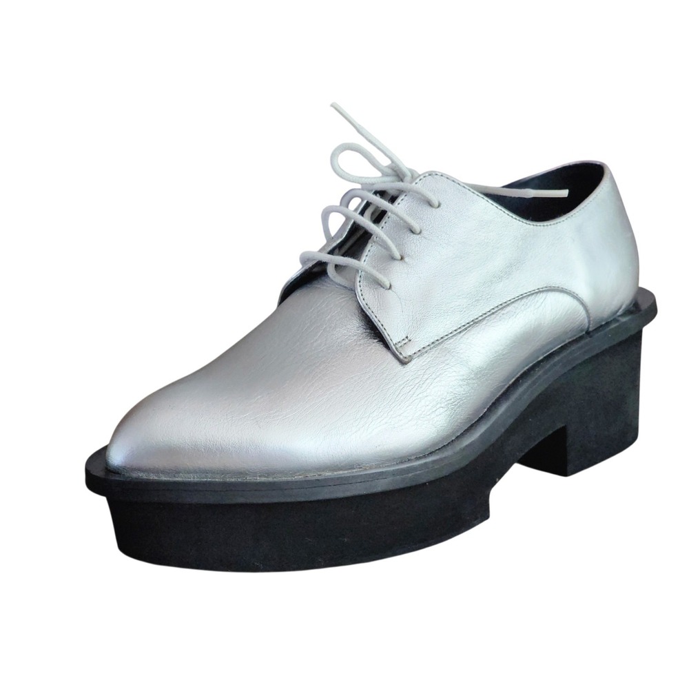 PALOMA BARCELO Platform Oxford Shoes Silver Metallic Leather NEW